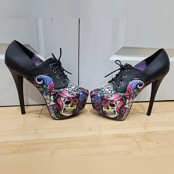 RARE IRON FIST Black Punk Goth Skull Floral Platform Lace Up High Heel Shoes 9 - Picture 6 of 14